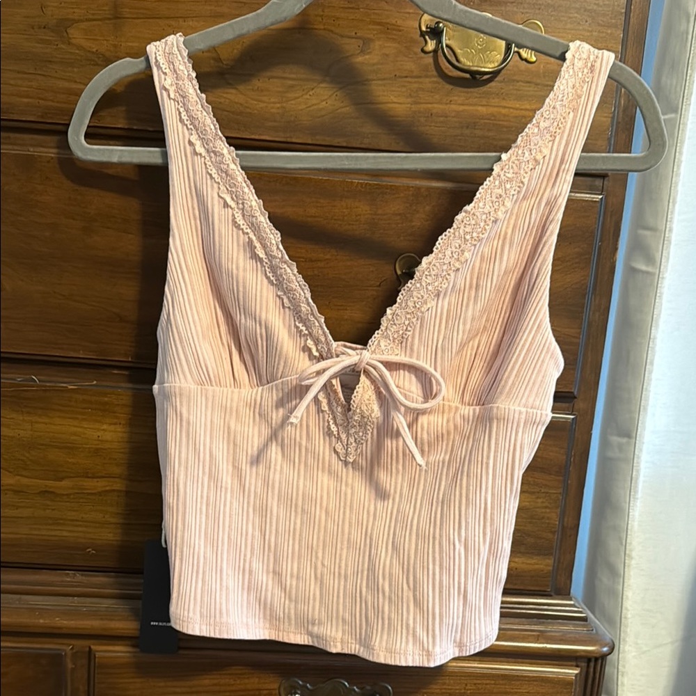Women’s Pink Lace-Trim Ribbed V-Neck Tank Top